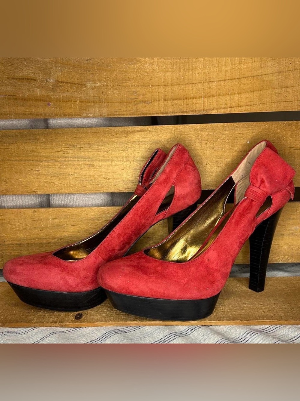 Jessica Simpson Red Suede Platform Pumps with Heel Bow Accent